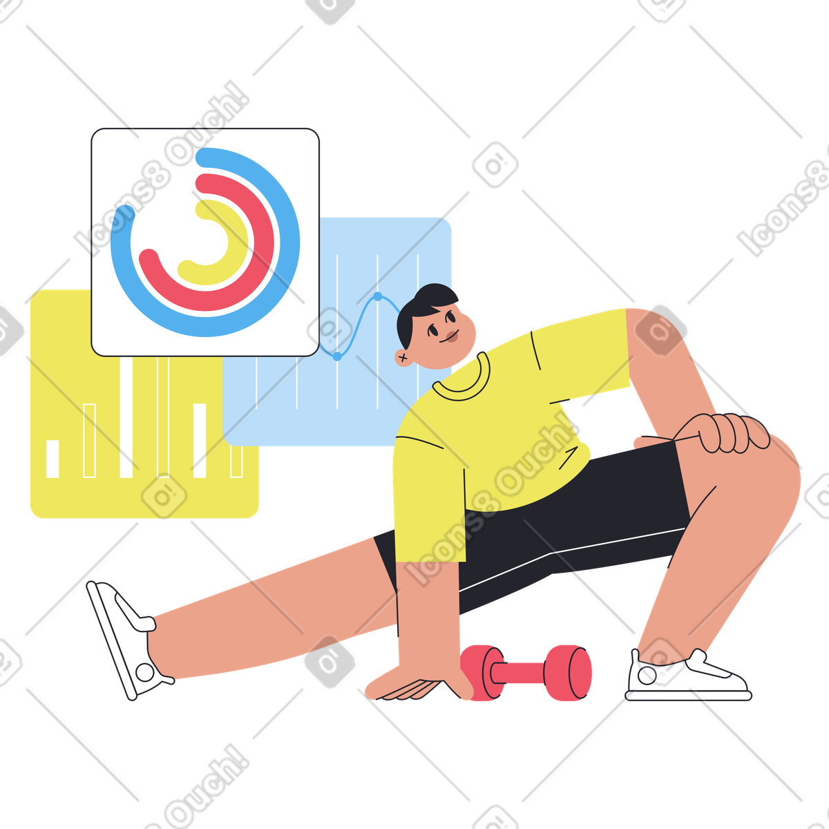Ilustración Sportsman stretching on floor with data charts, Fitness performance tracking en estilo Boba a descargar en PNG y SVG