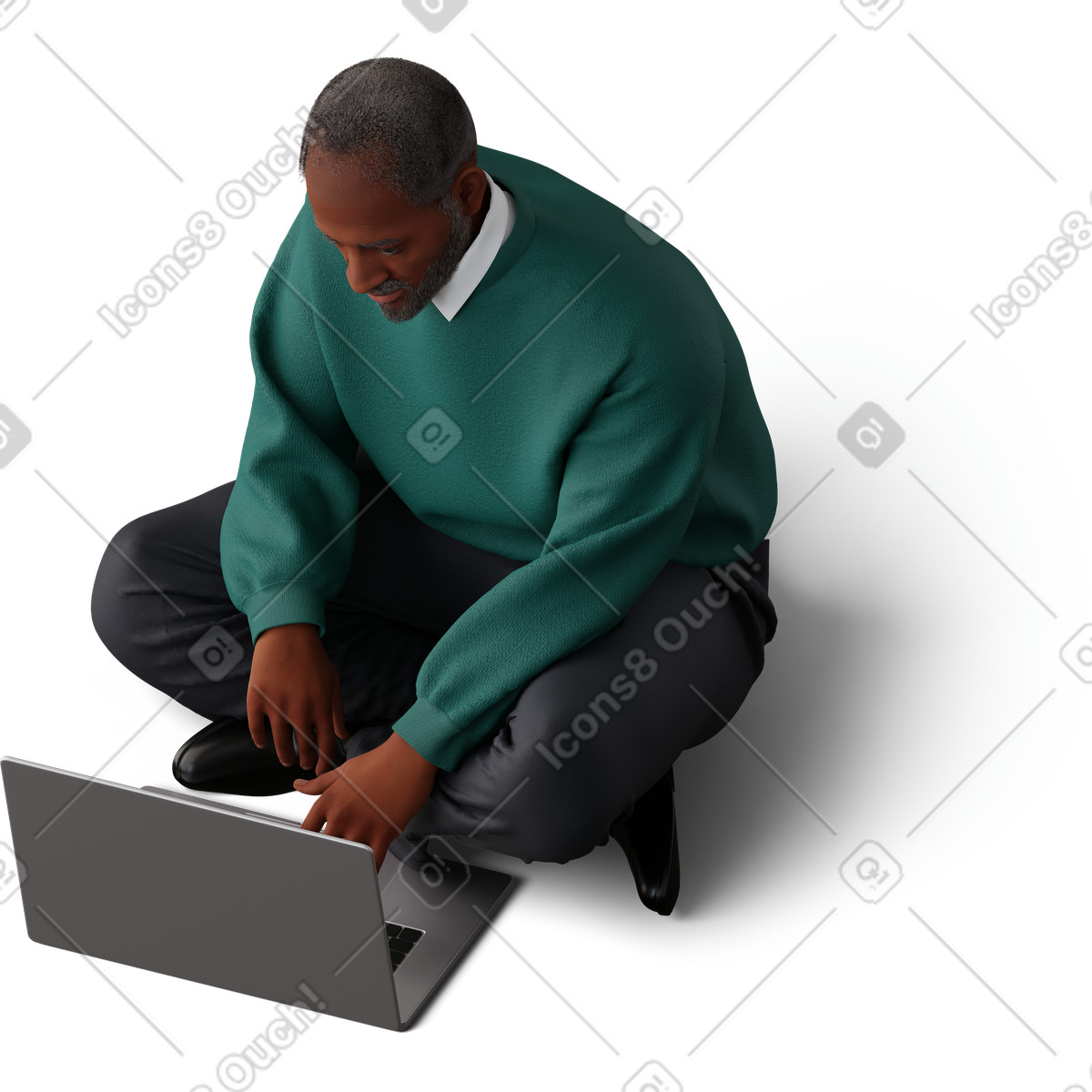 Ilustración Man sitting on floor with laptop en estilo 3D Hygge a descargar en PNG y SVG