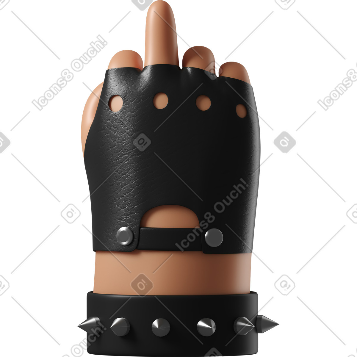 Ilustración Mano de piel bronceada rockero en guante cuero que muestra un dedo medio estilo 3D Hands Fun&Wild a descargar PNG y SVG