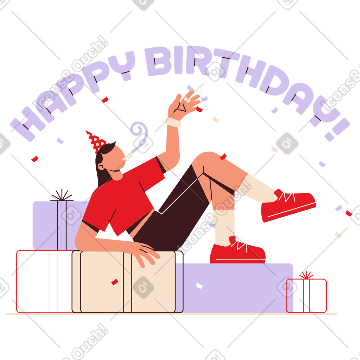 Иллюстрация Celebration with wrapped gifts under happy birthday text, party and gift giving в стиле Folks — скачать в форматах PNG, SVG