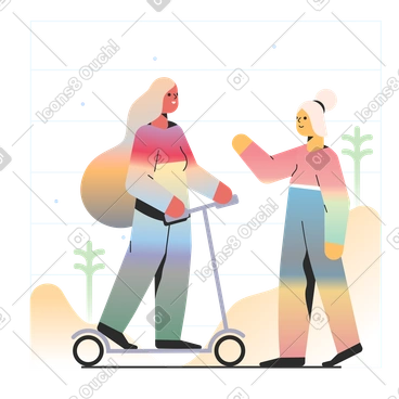 Friends met on a walk with a scooter PNG, SVG