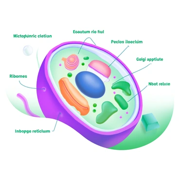 A vibrant illustration of cytoplasm within an animal cell, showcasing a gel-like substance as the background. Various labeled organelles are depicted, including a round mitochondrion, a stack of flattened Golgi apparatus, and a series of ribosomes represented as small dots. A centrally located nucleus is visible, surrounded by the cytoplasmic fluid, and additional elements like endoplasmic reticulum are illustrated extending throughout the scene. Each organelle is neatly labeled with clear text, enhancing the educational aspect of the image.