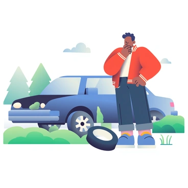 A driver with light brown skin and short black hair is standing next to their car, looking puzzled. The car is a blue sedan parked by the roadside, and a tire on the car has burst, showing signs of damage with a deflated appearance. The driver is wearing a red jacket and dark jeans. The roadside features green grass and a gravel area, with a few bushes nearby. In the background, there are trees and a clear blue sky. The driver has their right hand on their hip and their left hand raised to their chin in thought, reflecting their confusion about the situation.