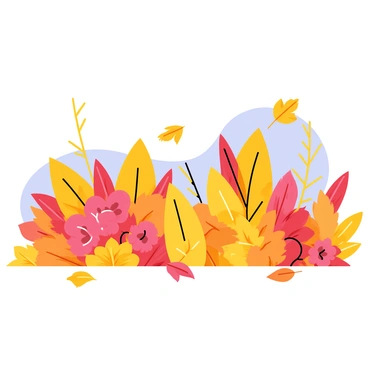 An autumn scene featuring a variety of colorful flowers blooming in warm, earthy tones, such as deep reds, oranges, and yellows. Scattered around the lush flowers are fallen leaves in similar hues, creating a rich carpet on the ground. A gentle breeze rustles through the scene, causing a few leaves to flutter down from nearby trees. The background showcases a clear blue sky, enhancing the vibrant colors of the flowers and leaves in the foreground.
