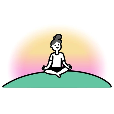 A person with a peaceful posture sitting cross-legged on a grassy hill. The figure is silhouetted against a vibrant orange and pink sky, indicating a sunrise. The horizon shows a soft gradient of colors, transitioning from deep orange at the bottom to a lighter pink at the top. The person is wearing simple clothing, and their hands rest gently on their knees. The hill is gently sloped, covered with lush green grass.