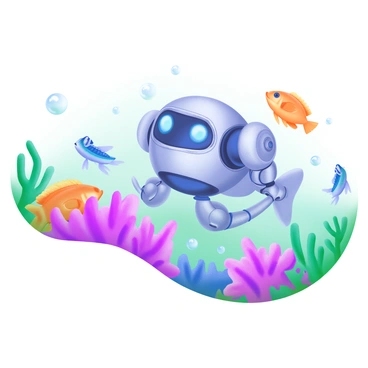 A robot with a shiny metallic surface is swimming gracefully among an array of colorful fish. The robot has articulated limbs and glowing blue eyes, showcasing a sleek design. Surrounding the robot are diverse species of fish, each displaying vivid colors such as orange, yellow, and blue. The vibrant coral reef is filled with intricate shapes and textures, featuring corals in shades of pink, red, and purple. Small bubbles rise around the robot and fish, creating a lively underwater atmosphere. The scene is illuminated by soft sunlight filtering through the water, enhancing the colors of the reef and its inhabitants.