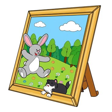 A large, ornate painting with a thick, gold frame is displayed. The painting features a colorful landscape filled with whimsical trees and vibrant flowers. Several cartoon characters, including a cheerful bunny with big ears, a playful cat with a mischievous grin, and a friendly dog with a wagging tail, are stepping out of the frame. The bunny is mid-leap with its ears flopping, while the cat peeks over the edge of the frame, and the dog has its front paws resting on the bottom edge, looking excited. Bright colors and bold outlines enhance the playful scene. The background includes a blue sky with fluffy white clouds, adding to the enchanting atmosphere.