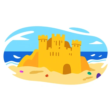 A large sandcastle with detailed towers and walls, partially collapsed and being washed away by incoming waves. The sandcastle sits on a sandy beach, with grains of sand glistening in the sunlight. Gentle waves lap at the base of the castle, creating foamy patterns as they reach the shore. In the background, the ocean stretches out under a clear blue sky, with a few wispy clouds floating above. Small seashells and pebbles are scattered on the sand around the castle, adding to the beach scene.
