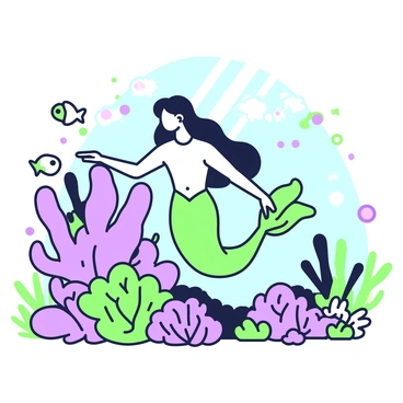 A mermaid with long flowing hair is swimming gracefully through a coral reef. She is adorned with a shimmering green tail that glistens in the sunlight filtering through the water. The coral reef is teeming with life, featuring various shapes and textures of corals in green hues. Colorful fish are darting around her, creating a lively atmosphere. In the background, rays of light penetrate the surface, illuminating the underwater scene. The mermaid is reaching out to touch a vibrant purple coral formation, showcasing her curiosity about her surroundings.
