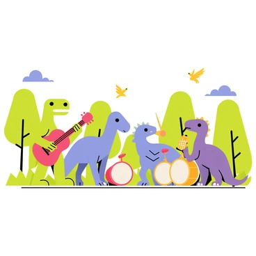 A group of four dinosaurs is playing musical instruments in a lively park setting. The first dinosaur is a bright green T-rex holding a large red guitar. Next to it, a cheerful blue triceratops is playing a shiny yellow trumpet. Nearby, a purple stegosaurus is skillfully drumming on a set of colorful drums. Finally, a small orange velociraptor is happily strumming a ukulele. The park is filled with lush green trees and a clear blue sky, adding to the vibrant atmosphere. A few cartoonish birds are flying overhead, enjoying the music.