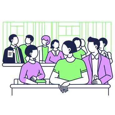 A group of spectators is seated in the courtroom gallery, watching the trial unfold below. The gallery is arranged in rows, with several onlookers displaying various expressions of curiosity and concern. Some individuals are leaning in slightly, focused on the proceedings, while others are whispering to one another. There is a mix of men and women, dressed in formal attire, including suits and dresses. The courtroom features wooden paneling, and there are large windows allowing light to filter in, creating a contrast with the solemn atmosphere. In the foreground, a woman with short hair is seated, her hands clasped in her lap, while a man next to her is taking notes on a notepad. 