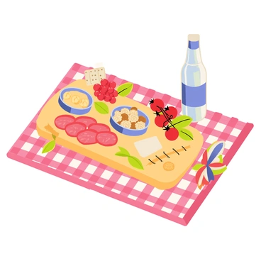 A wooden charcuterie board placed on a checkered picnic blanket. The board features an assortment of snacks, including slices of salami and cheese cubes, arranged neatly. There are clusters of red grapes and a small bowl of mixed nuts positioned next to the meats. A few crackers are scattered around the edges of the board. Brightly colored cherry tomatoes and cucumber slices add a fresh touch. A bottle of sparkling water sits nearby, surrounded by a couple of colorful paper napkins.