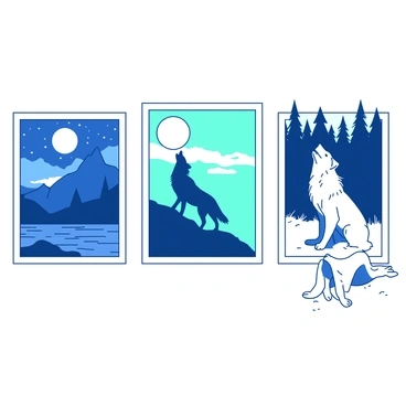 A wall filled with a collection of illustrations of wolves howling in various environments. On the left side, there is a blue wolf howling against a backdrop of a mountainous landscape under a starry sky. In the center, a teal wolf stands on a rocky cliff, its silhouette outlined by a bright full moon. To the right, a white wolf is depicted howling in a snowy forest, surrounded by tall pine trees. Each artwork captures the unique essence of the wolves in their natural habitats, with striking contrasts between the wolves and their backgrounds.