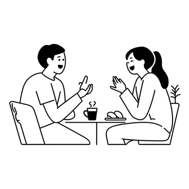 Two friends are seated at a small round table in a cafe, engaged in a lively conversation using sign language. One friend has short hair and is wearing a casual t-shirt, while the other has long hair tied back and is dressed in a light sweater. They are both smiling and animated, with their hands moving expressively as they communicate. A steaming cup of coffee is placed in front of each of them on the table, alongside a small plate of pastries. The cafe has a cozy atmosphere, with chairs and plants in the background.