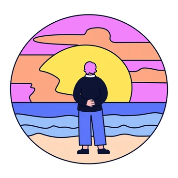 A silhouette of a person standing on a shore, watching a sunset. The sky is filled with vibrant colors of orange, pink, and purple as the sun dips below the horizon. The person has a relaxed posture with hands clasped behind their back. The ocean waves gently lap at the sand in front of them. The scene conveys a sense of contemplation and serenity.
