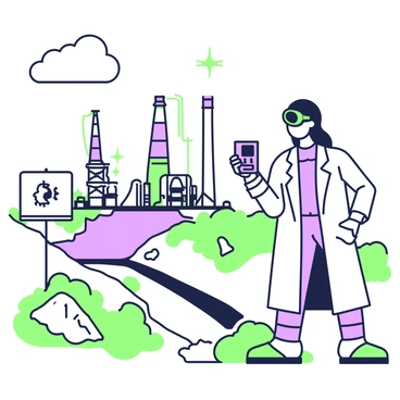 A scientist wearing a white lab coat and safety goggles is standing next to a fracking site. She is holding an air quality measurement device in her right hand while looking at the display with concentration. In the background, there are large fracking rigs with pipes and equipment visible. The terrain is rocky with sparse vegetation around the site. A few clouds are scattered in the sky above, and a small sign indicating safety protocols is positioned nearby. The scientist is focused on her task, demonstrating the importance of monitoring air quality in this environment.