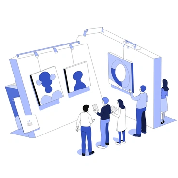 An art gallery interior featuring AI-generated paintings displayed on white walls. Each painting exhibits unique abstract shapes and patterns. In the foreground, a group of spectators is engaged in discussion, with one person pointing towards a particularly striking piece. The spectators vary in age and attire, and they hold pamphlets in their hands. There are spotlights illuminating the artworks, casting soft shadows on the floor. In the background, a reception desk is visible, with a staff member attending to visitors.