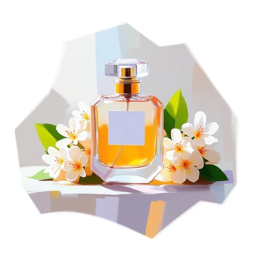 A delicate perfume bottle made of clear glass, elegantly shaped with a gold cap, is positioned at the center of the image. Surrounding the bottle are clusters of honeysuckle flowers in shades of creamy white and soft yellow, their blossoms open and lush, exuding a sense of freshness. The green leaves of the honeysuckle complement the flowers, creating a vivid contrast against the bottle. The entire arrangement emphasizes the essence of the fragrance, highlighting the harmonious relationship between the bottle and the surrounding flowers.