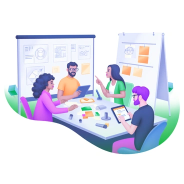 A modern innovation lab filled with natural light and contemporary furniture. In the center, a diverse group of people is gathered around a large table, engaged in a brainstorming session. One individual has short curly hair and wears glasses, while another has long straight hair and is taking notes on a tablet. A person with a beard is pointing at colorful sticky notes on a nearby wall. Various design sketches and prototypes are scattered across the table. The atmosphere is lively, with a whiteboard displaying diagrams and ideas in the background.