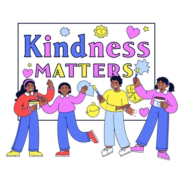 A group of four children is painting a mural on a large wall. Each child holds a paintbrush, and they are applying bright colors to the mural. The mural features large letters that say "Kindness Matters" in bold, cheerful font. Surrounding the letters are colorful images of diverse people helping one another, smiling faces, and hearts. The children are engaged in their task, showing enthusiasm and cooperation. One child is handing a paint pot to another, emphasizing teamwork. The background includes splashes of color from their paint.