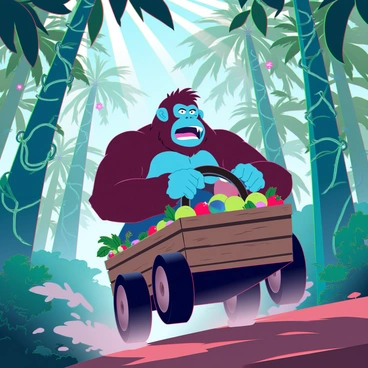A large, muscular ape with brown fur, known as "Donkey Kong," races through a dense rainforest on a wooden cart. His expression shows determination as he grips the steering wheel tightly. The cart is adorned with various tropical fruits, and its wooden wheels kick up mud and leaves as it speeds along a narrow dirt path. Surrounding him are tall, green trees with broad leaves, vibrant flowers, and thick vines hanging down. Rays of sunlight filter through the canopy, creating a dappled effect on the forest floor. In the background, exotic birds can be seen flitting between the branches, adding to the lively atmosphere of the rainforest.