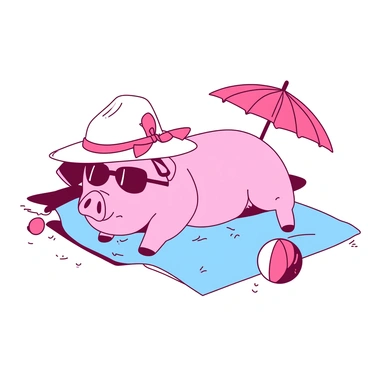 A pink pig is lying on a light blue beach towel spread out on warm sand. The pig is wearing a large white sunhat adorned with a red ribbon, tilted slightly to the side, and stylish dark sunglasses perched on its snout. Nearby, a colorful beach ball rests on the sand, and a small umbrella casts a shadow over the towel. The pig appears content, enjoying the warm sunshine and the gentle ocean breeze.