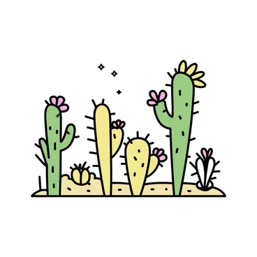 A variety of cacti are standing in a sunny desert landscape. The cacti have different shapes and heights, with some being tall and others short and round. Each cactus is adorned with a range of colorful flowers, including red, yellow, and pink blooms. The sandy ground is visible beneath them, and the sun casts distinct shadows from the cacti, creating a clear contrast against the sky. A few sparse, dry shrubs can be seen in the background.