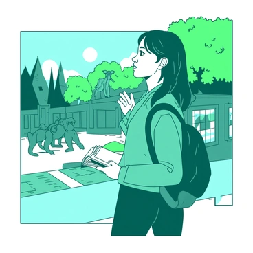 A teal woman named Sarah is standing at the edge of a zoo enclosure, holding a white field guide in her right hand. She is looking attentively towards a group of animals, her eyes wide with curiosity. In the background, various animals are visible, including a tall giraffe and a cluster of playful monkeys. The sun is shining brightly, casting soft shadows on the ground, and there are vibrant green trees surrounding the enclosure. Sarah is wearing a light jacket and has a small backpack slung over her shoulder.