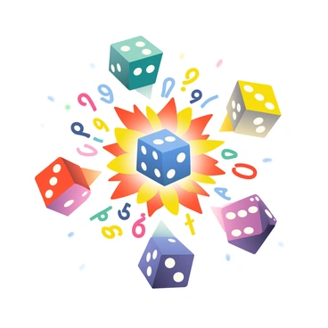 A set of six-sided dice in vibrant colors is suspended in mid-air, captured at the moment of explosion. Each die has a different color: one is red, another blue, a green one, a yellow one, an orange one, and a purple one. As they burst apart, a cloud of numbers in various fonts and sizes emerges from each die, swirling outward in a dynamic formation. The numbers range from one to six, and they are colored to match the respective dice. The scene is filled with splashes of color that blend together, creating a vivid and energetic atmosphere. The background is a soft gradient that enhances the dramatic effect of the exploding dice and the colorful numbers.