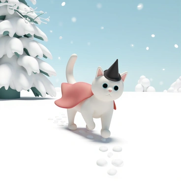 A cat, dressed in a small, fitted black hat and a red cape, is trekking through a snowy landscape. The snow is freshly fallen, creating a soft, white blanket covering the ground. The cat's paws are leaving distinct paw prints behind, marking its path in the snow. In the background, there are snow-covered trees with branches heavy with snow, and a clear blue sky above. The sunlight glimmers off the snow, creating a bright and crisp atmosphere.