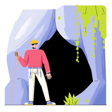 A climber wearing a bright red jacket and a helmet stands at the entrance of a hidden cave at the base of a tall, rocky climbing wall. The climber is holding a climbing rope and a carabiner in one hand, while the other hand is resting on the wall. The cave's entrance is dark and slightly concealed by vines and moss, contrasting with the rugged texture of the climbing wall. Sunlight filters through the trees above, casting patches of light on the ground, emphasizing the adventurous atmosphere.