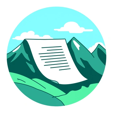 A white contract with printed text is floating mid-air against a backdrop of a teal mountain landscape. The mountains are tall and jagged with peaks covered in white snow. The sky above is a bright blue with a few fluffy white clouds scattered around. Below the floating contract, a lush green valley is visible, creating a stark contrast with the mountain scenery. The whole scene gives an impression of tranquility and grandeur.