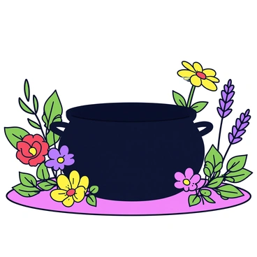 A large black cauldron sits in the center of a garden. The cauldron is made of cast iron, with a thick, rounded belly and a sturdy handle. Surrounding the cauldron are various blooming flowers in vibrant colors, including red roses, yellow daisies, and purple lavender. Additionally, there are several herbs such as mint and rosemary, with lush green leaves. The ground is covered with soft, rich soil, and sunlight filters through the leaves of nearby plants, casting gentle shadows around the cauldron.