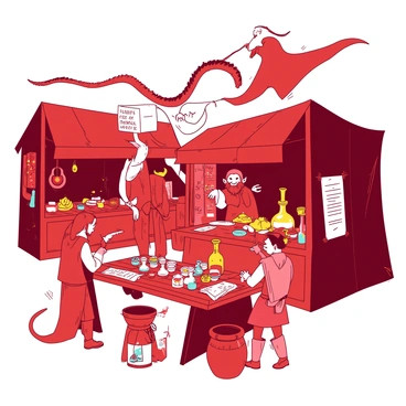 A red fantasy marketplace filled with a variety of characters actively trading exotic goods and artifacts. Stalls made of colorful fabrics display shimmering jewelry and ornate scrolls. A tall elf with pointed ears is bargaining with a dwarf over a golden artifact. A group of humans is admiring a collection of colorful potions arranged neatly on a wooden table. In the background, a dragon-shaped banner flutters in the breeze, adding to the lively atmosphere of trade and camaraderie.