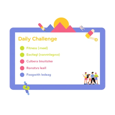 A message board featuring a rectangular blue background with a white border. The board displays a large, bold "Daily Challenge" title at the top in bright yellow letters. Below the title is a colorful graphic of a mountain range with a rising sun in shades of orange and pink. In the center, there is a list of challenges written in a playful font, with each challenge highlighted in different colors, such as green, red, and purple. Surrounding the text are small cartoon-style icons representing fitness, creativity, and teamwork, including a dumbbell, a paintbrush, and a group of people working together.