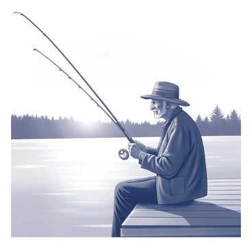 An elderly fisherman sitting on a pier, casting his line into the water at sunset.