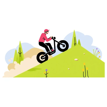 A biker wearing a bright red helmet is drifting down a steep hillside. The biker is on a black motorcycle with sleek designs, kicking up dust and small rocks as they speed down the slope. The hillside is covered in green grass with patches of wildflowers in yellow and purple. In the background, there are a few tall trees and a clear blue sky. The biker's body leans to one side, showcasing a thrilling maneuver, while the front wheel of the bike is lifted slightly off the ground.