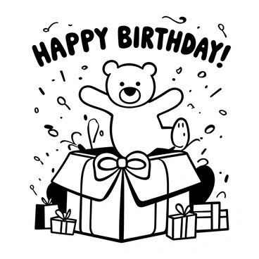A cuddly teddy bear with soft fur is positioned mid-jump, emerging from an open gift box. The gift box is adorned with a large ribbon and is overflowing with colorful tissue paper. Surrounding the box are scattered confetti pieces and small wrapped presents. The scene is filled with festive decorations such as streamers and balloons, creating a celebratory atmosphere. The words "Happy Birthday" are prominently displayed above the gift box.
