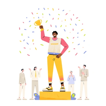 A spelling bee winner stands on a small stage, holding a trophy high in the air. Colorful confetti in shades of red, blue, yellow, and green is raining down from above, creating a vibrant atmosphere. The winner is wearing a bright, cheerful outfit with a big smile on their face. Spectators in the background are clapping and cheering, adding to the celebratory mood of the scene.