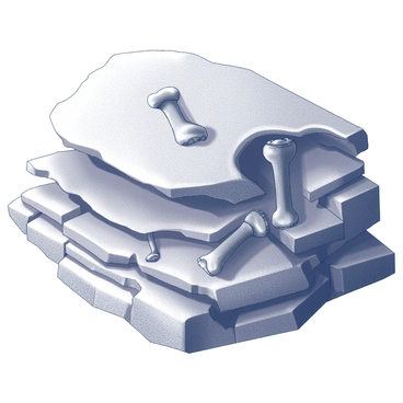 Depict ancient bone fossils embedded in rock layers, showing a cross-section of geological time.