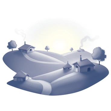 A landscape of rolling hills under a sunrise. The sky is filled with gradient shades, indicating the early morning light. In the foreground, several hobbit holes are visible, each adorned with round doors and windows. Smoke gently rises from the chimneys of the hobbit holes, suggesting the start of a new day. The hills are lush and inviting, with a few scattered trees dotting the scene, enhancing the pastoral charm of the environment.