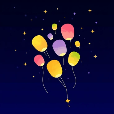 A cluster of colorful lanterns floating upwards into a dark night sky filled with shining stars. The lanterns are round and vibrant, each emitting a warm glow that contrasts against the deep blue backdrop. The stars twinkle brightly, creating a captivating spectacle as the lanterns ascend gracefully. Some lanterns are tethered with thin strings, while others are free, drifting higher into the heavens.