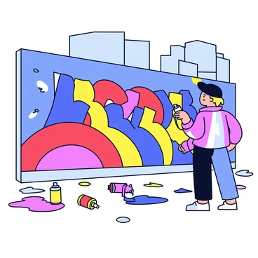 A graffiti artist is standing in front of a large city wall, focused on spray-painting a vibrant mural. The wall features bold colors such as bright blue, red, and yellow, with abstract designs and shapes. The artist is wearing a black cap and a colorful hoodie, holding a spray can in one hand. There are several other spray cans scattered around the artist, showcasing a variety of colors. The ground below is littered with paint splatters, adding to the dynamic atmosphere of the scene.