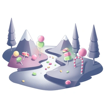 A landscape featuring a river made of flowing chocolate. The riverbank is lined with vibrant gumdrop mountains, creating a colorful contrast against the backdrop. Scattered throughout the scene are tall trees with trunks made of licorice, their branches adorned with various sweet treats. The sky is clear and bright, highlighting the whimsical nature of the candy land. A path made of candy canes winds through the landscape, inviting exploration.