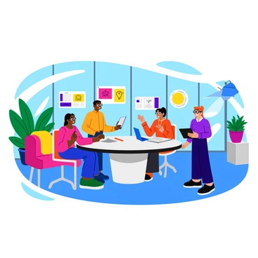 An innovation center filled with bright, modern furnishings and large windows allowing ample natural light. In the center, a diverse group of individuals, including a man with glasses and a woman with a notepad, are interacting around a sleek, round table. They are engaging in discussion about their futuristic projects, which include holographic displays and interactive screens showing blueprints. On the walls, there are colorful posters of innovative ideas and various gadgets. A large indoor plant adds a touch of greenery to the vibrant workspace.