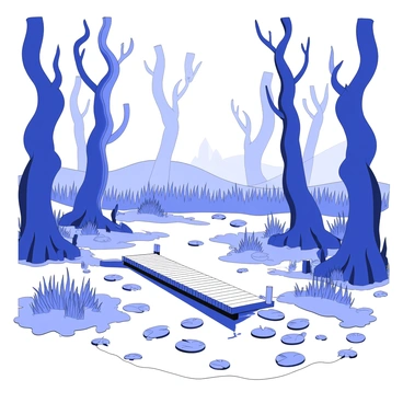 A dense swamp is filled with tall, irregularly shaped trees, their branches twisted and reaching towards the sky. The ground is uneven and marshy, dotted with patches of grass and clusters of lily pads floating on the water's surface. Mist hovers above the water, creating an ethereal atmosphere. A small, crooked wooden dock juts out into the swamp, leading to an area with murky water reflecting the shapes of the vegetation. In the background, the silhouette of distant hills can be seen, partially shrouded by fog.