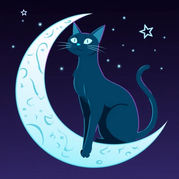 A black cat with sleek fur and glowing green eyes is sitting gracefully on a shiny crescent moon. The moon has intricate patterns on its surface, reflecting light in a soft silver hue. The dark sky is filled with scattered stars, which twinkle and create a contrast against the deep blue backdrop. The cat's posture is relaxed, with its tail curled around its body, emphasizing its silhouette against the celestial backdrop.