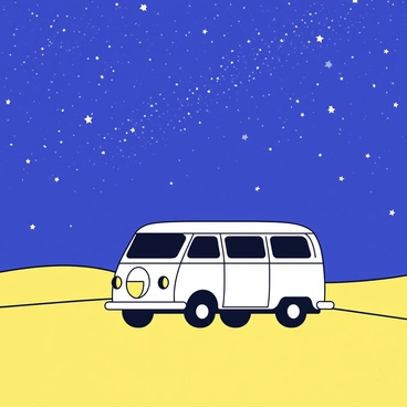 A van parked on smooth, golden sand in a vast desert. The van is a light color with simple features and a slightly open side door. Above, a starry night sky covers the scene, filled with countless shimmering stars and a visible Milky Way stretching across the sky. The horizon is slightly illuminated by the moonlight, casting gentle shadows on the sandy ground around the van.