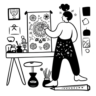 A tattoo artist stands in a well-lit studio, focused on sketching a detailed design on a large sheet of paper. The design includes intricate patterns inspired by various cultural symbols, such as spirals, geometric shapes, and floral motifs. Various tools are scattered around the workspace, including ink pots, a pencil, and an array of tattoo needles. The tattoo artist wears an apron covered in ink stains, and their hands are steady as they meticulously create the artwork. In the background, a wall displays several completed tattoo designs, showcasing the artist's diverse portfolio.