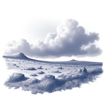 A rugged moorland stretches across the scene, characterized by uneven terrain and patches of heather. The sky is filled with dark, swirling clouds, indicating an approaching storm. The windswept landscape shows scattered rocky outcrops and tufts of grass, bending under the force of the wind. In the distance, a silhouette of a distant hill looms, partially obscured by the dense cloud cover. The atmosphere is charged, evoking a sense of impending weather.